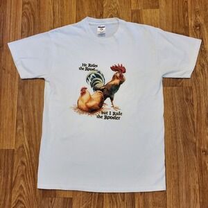 Vintage 90s Rooster Shirt Adult Medium White Chicken Funny Farm Jerzees